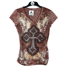 Load image into Gallery viewer, Rock 47 by Wrangler Y2K Mcbling Sequin Cross Brown Burnout Top Size Small