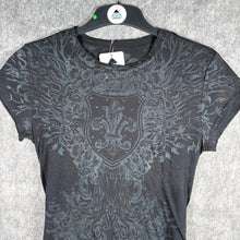 Load image into Gallery viewer, Y2K Gothic Shield Graphic Burnout Tee Black Distressed Top, Size L