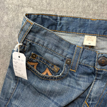 Load image into Gallery viewer, True Religion Mid Wash Embroidered Leather Logo Distressed Jorts, Waist