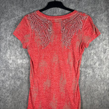 Load image into Gallery viewer, Y2K Miss Me Wing Rhinestone Burnout V-Neck Tee Red, Size L