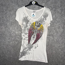 Load image into Gallery viewer, Southpole White Y2K Angel Wing Mcbling Gothic Cross Top, Size M