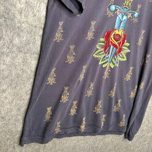 Load image into Gallery viewer, Christian Audigier Y2K Tattoo Style Dagger in Rose & Crest Graphic Top, Size L