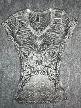 Load image into Gallery viewer, Y2K Fair Oaks Mcbling Grey Rhinestone Heart Gothic Cross, Size Small