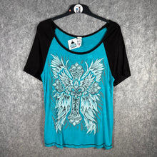 Load image into Gallery viewer, Liberty Wear Turquoise Cross Graphic Angel Wings Top Tee XL Y2K Aesthetic