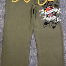 Load image into Gallery viewer, Ed Hardy Khaki Tattoo Y2K Flared Joggers, Size XL