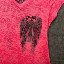 Load image into Gallery viewer, Faith Pink Diamante Cross With Wings Devore V-Neck Grunge Top