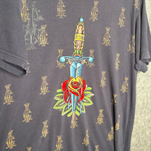 Load image into Gallery viewer, Christian Audigier Y2K Tattoo Style Dagger in Rose & Crest Graphic Top, Size L