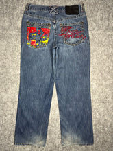 Load image into Gallery viewer, Eight 732 Embroidered Y2K 2000’s Hip Hop Blue Wash ‘Born Rider’ Jeans 36W 34L
