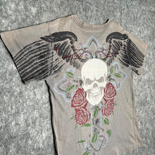 Load image into Gallery viewer, Affliction Grey Gothic Cross Angel Wing Rose Cyber Grunge Top, Size Medium
