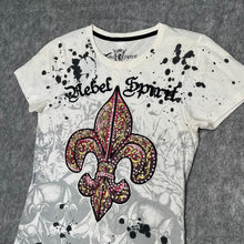 Load image into Gallery viewer, Rebel Spirit Fleur De Lis Rhinestone Y2K Mcbling White Red 2000s Top, Size M
