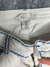 Load image into Gallery viewer, Raw Blue Gothic Angel Wing Y2k White Blue Embroidered Grunge Jeans, Size Small
