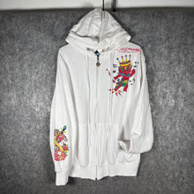 Load image into Gallery viewer, Vintage Ed Hardy Rhinestone Zip Hoodie White Graphic Tattoo Style – Size L
