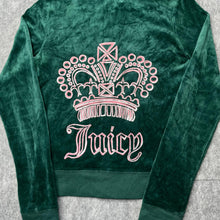 Load image into Gallery viewer, Juicy Couture Dark Green Pink Crown Tiara Y2K Mcbling Velour Zip Hoodie, Small
