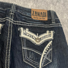 Load image into Gallery viewer, Zanadi Y2K Mcbling Dark Blue White Mcbling Flared 2000s Jeans, Size Medium/ w32
