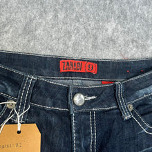 Load image into Gallery viewer, Zanadi Y2K Mcbling Dark Blue White Mcbling Flared 2000s Jeans, Size Medium/ w32
