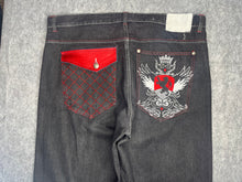 Load image into Gallery viewer, B.Denim Y2K Hiphop Embroidered Red and White Dark Wash Jeans, Size 3XL
