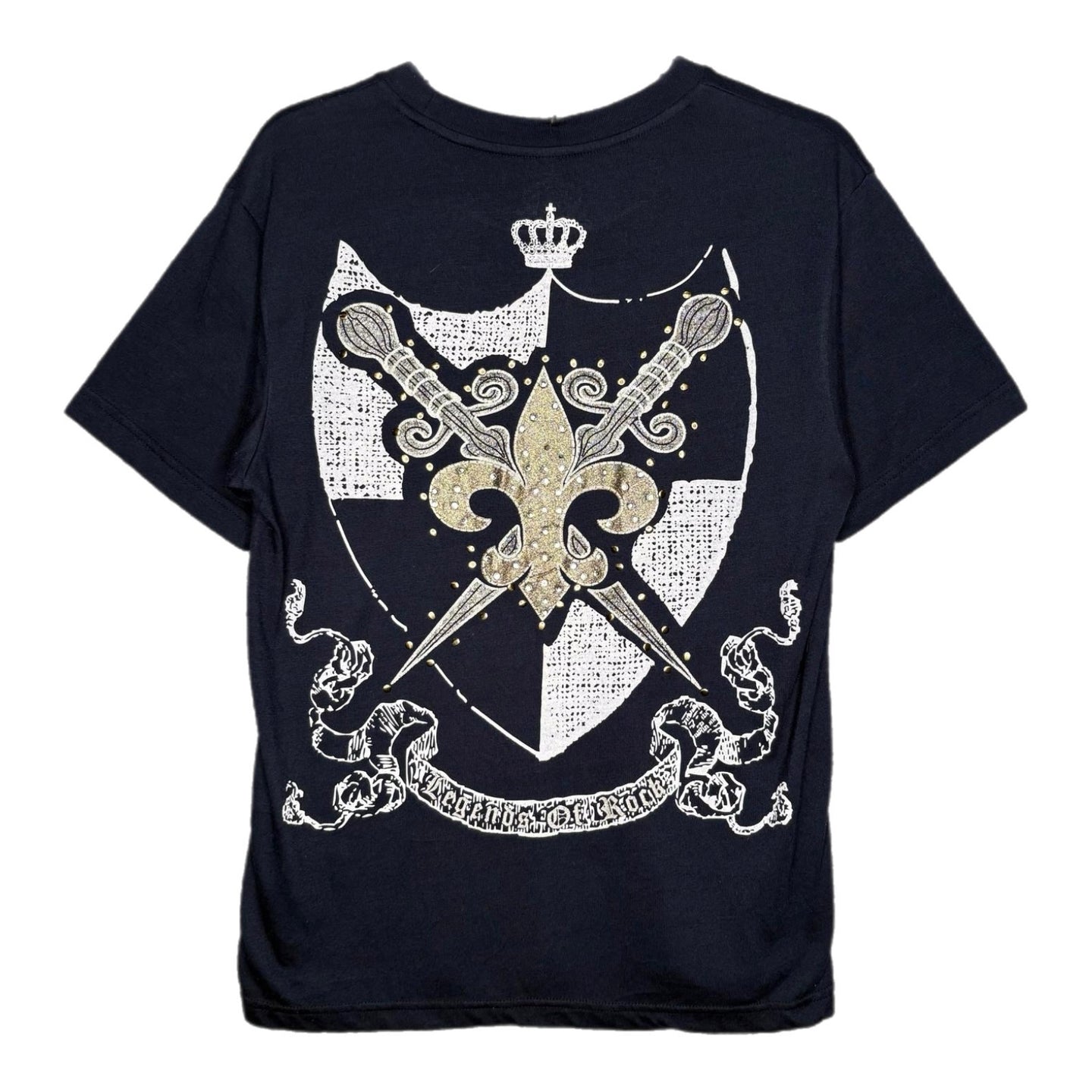 Attitude Gold Navy Fleur De Lis Shield Y2K Gothic Top, Size L