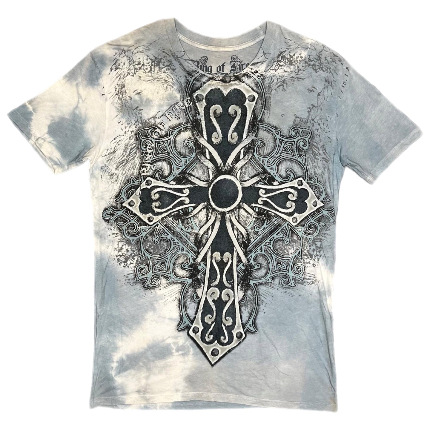 Ring of Fire Light Blue Tie Dye Gothic Cross Chrome Cyber Top, Size Medium