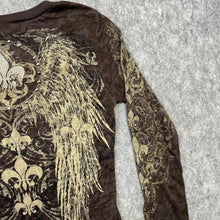Load image into Gallery viewer, Gothic Fleur De Lis Angel Wing Brown Grunge Long Sleeved Rhinestone Top, Size M
