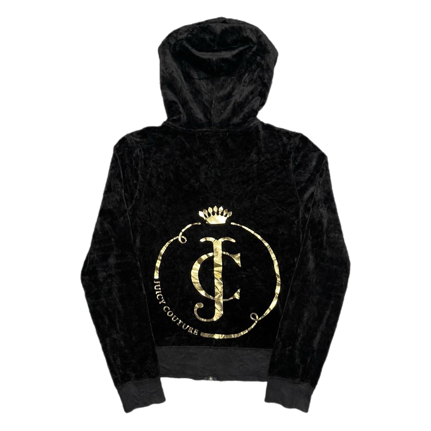 Juicy Couture Black Gold Y2K Mcbling Velour Crown 2000s Hoodie, Size Large