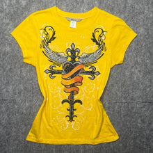 Load image into Gallery viewer, Y2K Yellow Angel Wing Gothic Cross 2000s Sparkly Top, Size Large
