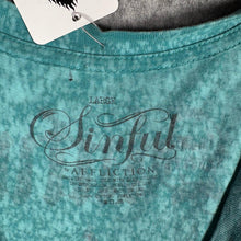 Load image into Gallery viewer, Sinful Graphic Winged Dagger Roses Tee Turquoise Distressed Style Size XL
