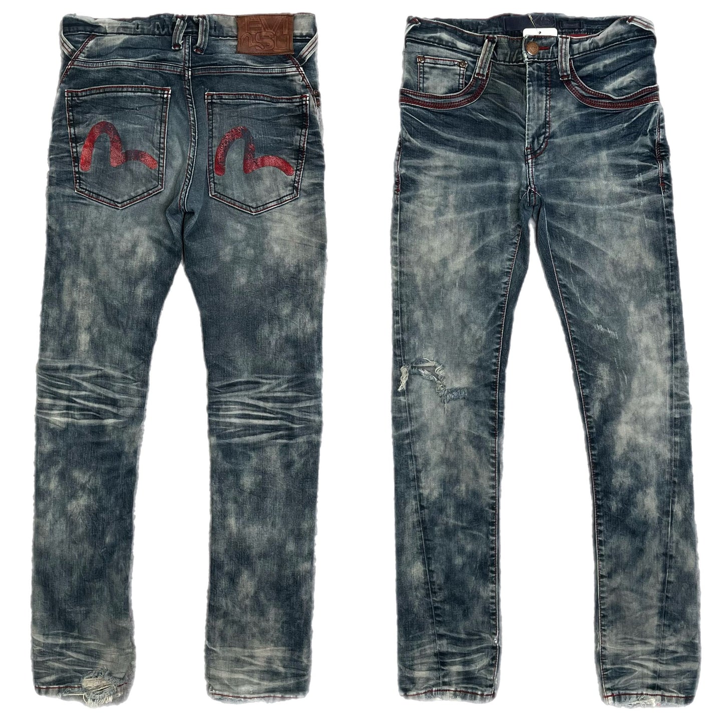 Evisu Blue Red Stitch Acid Wash Y2K Grunge 2000s Ripped Jeans, Waist 28