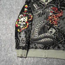 Load image into Gallery viewer, Ed Hardy Snake Rhinestone Y2K Vintage 2000s Tattoo Style Black Grey Hoodie, 2XL
