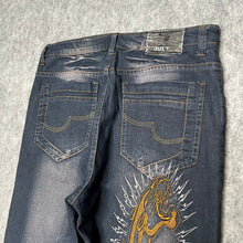 Load image into Gallery viewer, Panther Embroidered Blue Y2K Vintage Tattoo Style Jeans, Waist 34/ Medium
