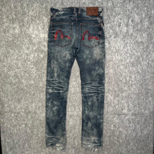 Load image into Gallery viewer, Evisu Blue Red Stitch Acid Wash Y2K Grunge 2000s Ripped Jeans, Waist 28
