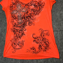 Load image into Gallery viewer, Ransom Gothic Cross Neon Orange Grunge Y2K Mcbling Top, Size Large
