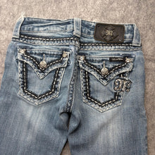 Load image into Gallery viewer, Miss Me Embroidered Big Stitch Diamante Logo Distressed Skinny Jeans, Waist 23
