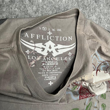 Load image into Gallery viewer, Affliction Grey Gothic Cross Angel Wing Rose Cyber Grunge Top, Size Medium
