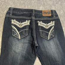 Load image into Gallery viewer, Zanadi Y2K Mcbling Dark Blue White Mcbling Flared 2000s Jeans, Size Medium/ w32
