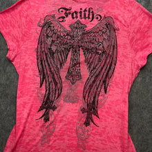 Load image into Gallery viewer, Faith Pink Diamante Cross With Wings Devore V-Neck Grunge Top
