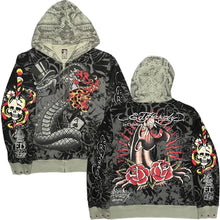 Load image into Gallery viewer, Ed Hardy Snake Rhinestone Y2K Vintage 2000s Tattoo Style Black Grey Hoodie, 2XL
