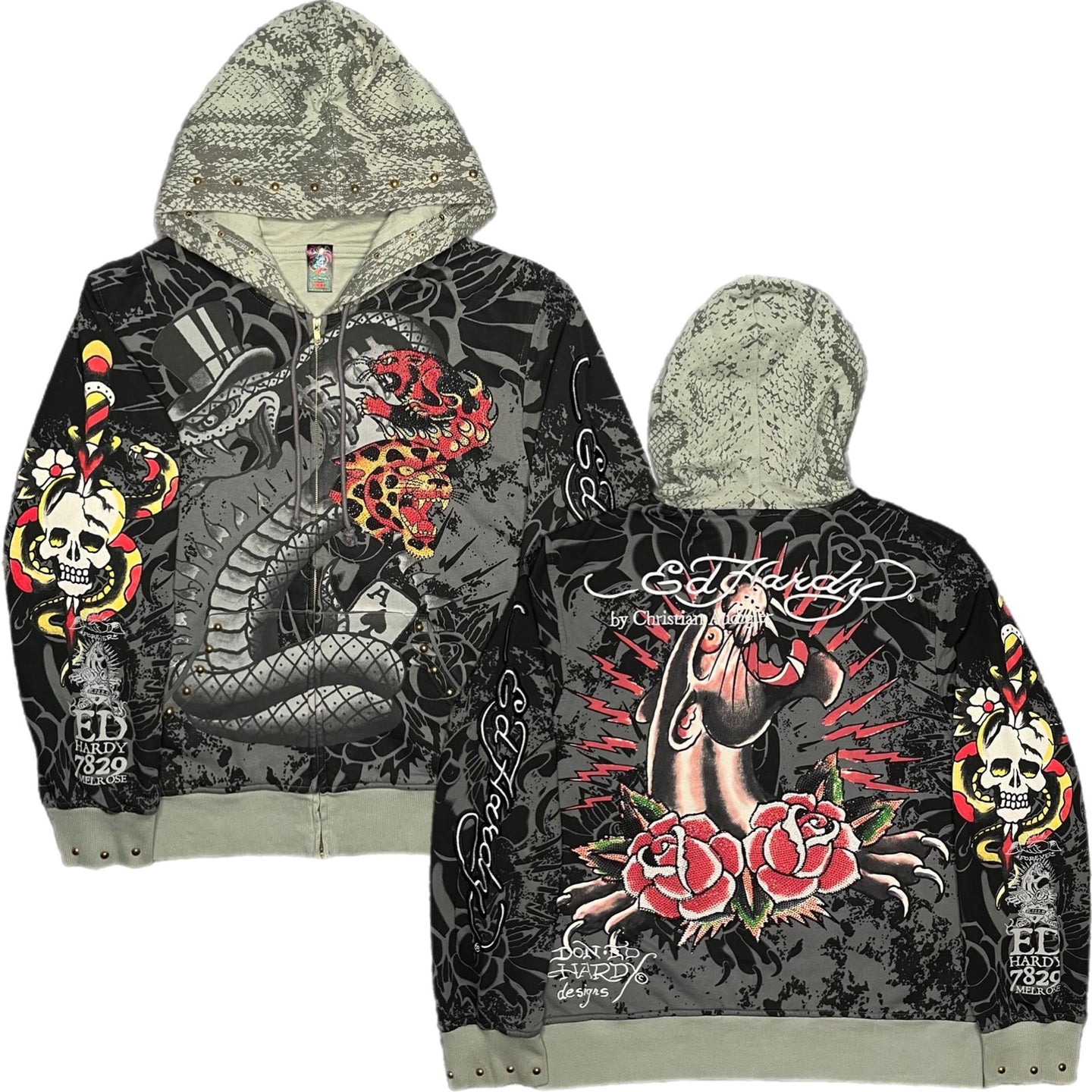 Ed Hardy Snake Rhinestone Y2K Vintage 2000s Tattoo Style Black Grey Hoodie, 2XL