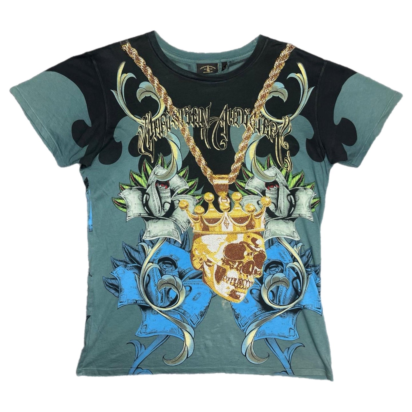 Christian Audigier Rhinestone Y2K Ed Hardy Skull Blue Vintage Top, Size Large