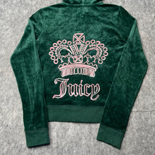 Load image into Gallery viewer, Juicy Couture Dark Green Pink Crown Tiara Y2K Mcbling Velour Zip Hoodie, Small
