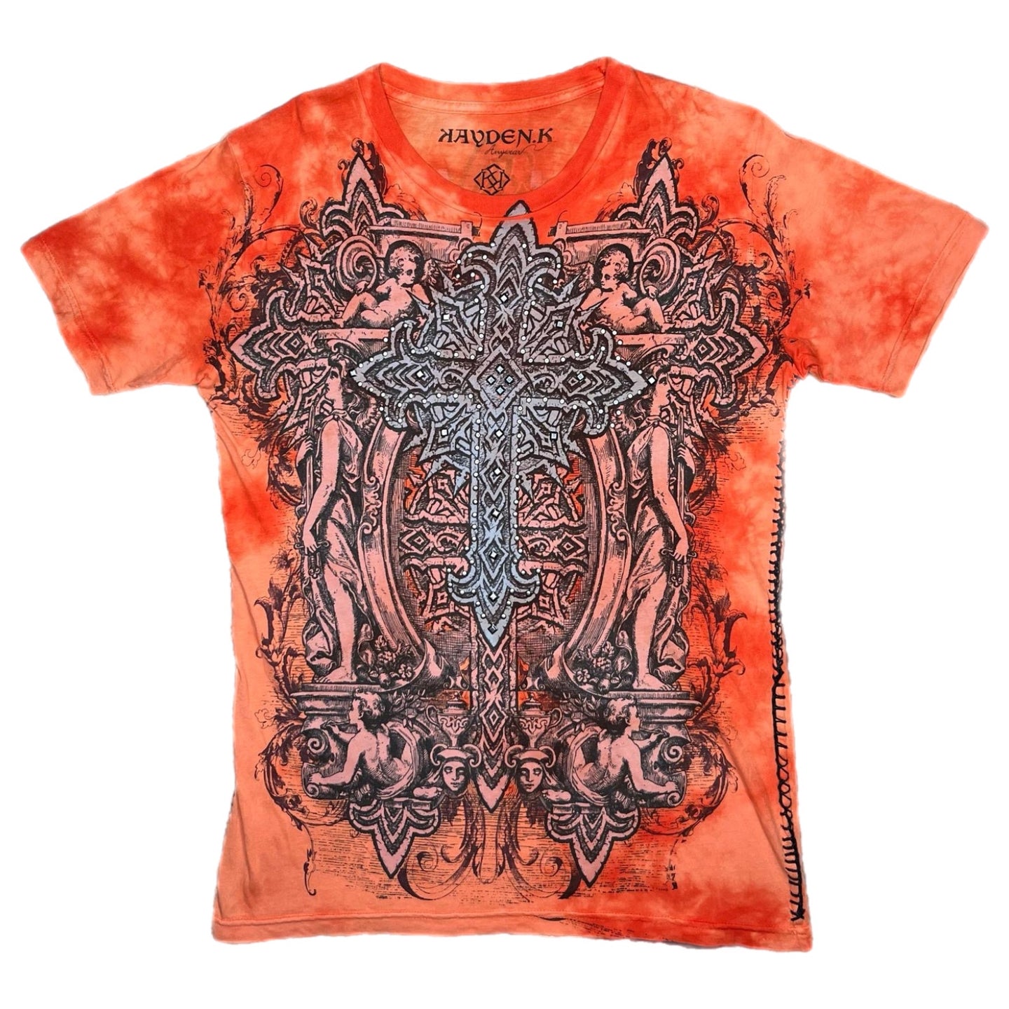 Gothic Cross Orange Grunge Y2K Cyber Tribal 2000s Emo Scene Top, Size Medium