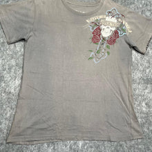 Load image into Gallery viewer, Affliction Grey Gothic Cross Angel Wing Rose Cyber Grunge Top, Size Medium
