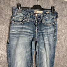 Load image into Gallery viewer, BKE Couture Bootcut Blue Y2K Embroidered Jeans, Size S/M
