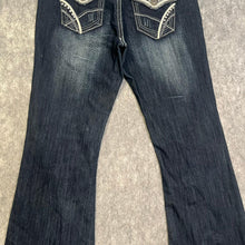 Load image into Gallery viewer, Zanadi Y2K Mcbling Dark Blue White Mcbling Flared 2000s Jeans, Size Medium/ w32
