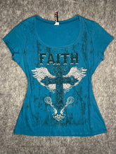 Load image into Gallery viewer, Ransom Faith Gothic Cross Y2K Angel Wing Blue Top, Size XL
