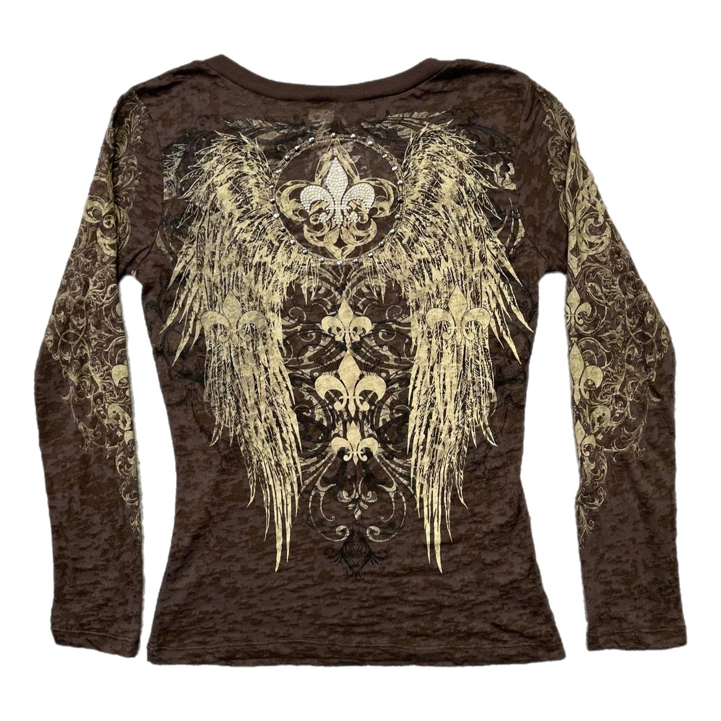 Gothic Fleur De Lis Angel Wing Brown Grunge Long Sleeved Rhinestone Top, Size M