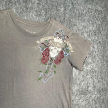 Load image into Gallery viewer, Affliction Grey Gothic Cross Angel Wing Rose Cyber Grunge Top, Size Medium
