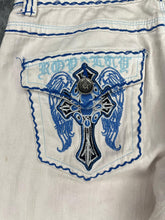 Load image into Gallery viewer, Raw Blue Gothic Angel Wing Y2k White Blue Embroidered Grunge Jeans, Size Small
