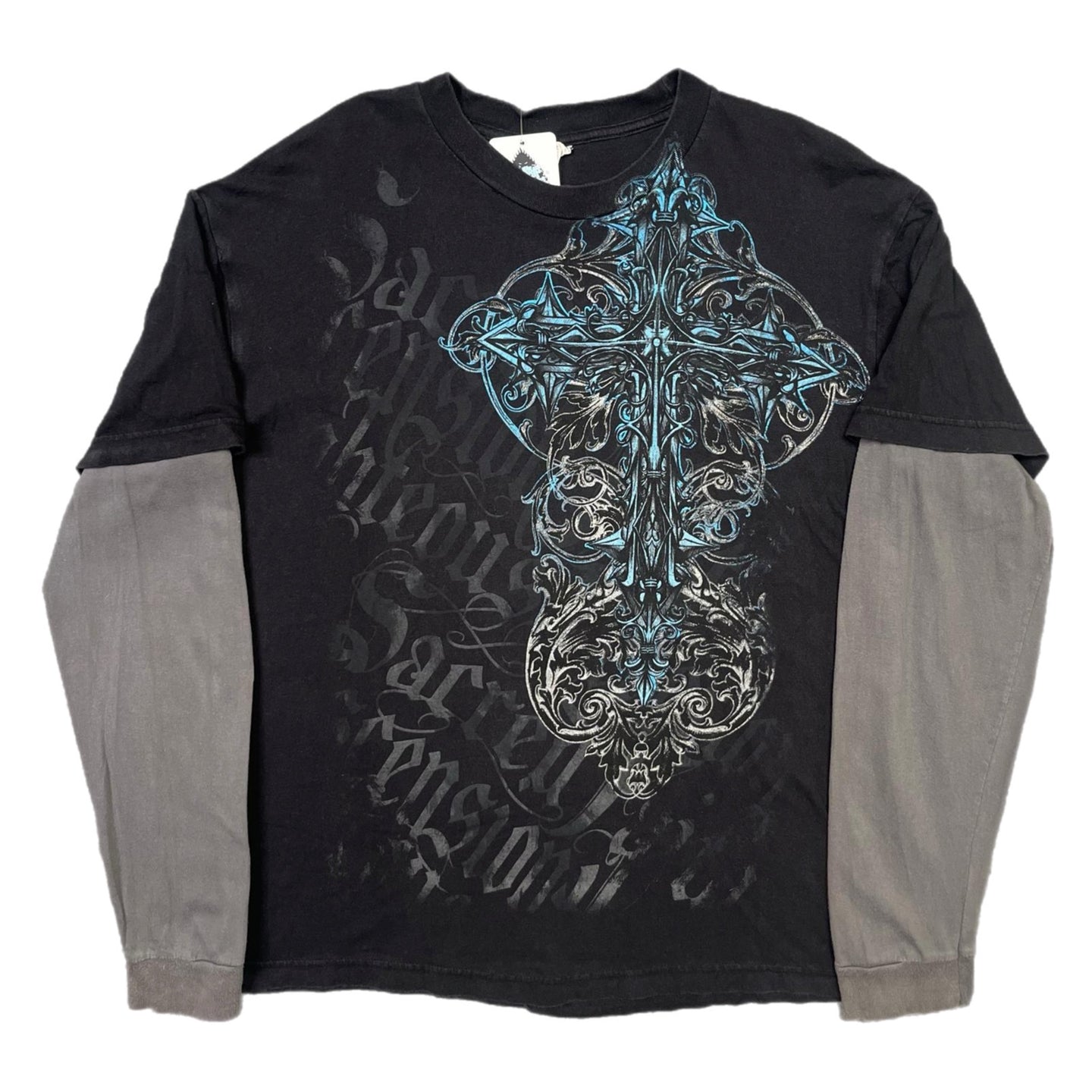 Gothic Cross Long Sleeved Y2K Grunge Black Blue, Size XL