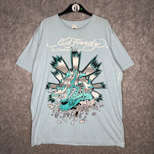 Load image into Gallery viewer, Ed Hardy Light Blue Dragon Y2K Tattoo Style Top, Size XL
