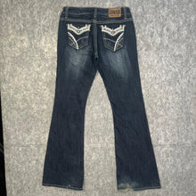 Load image into Gallery viewer, Zanadi Y2K Mcbling Dark Blue White Mcbling Flared 2000s Jeans, Size Medium/ w32
